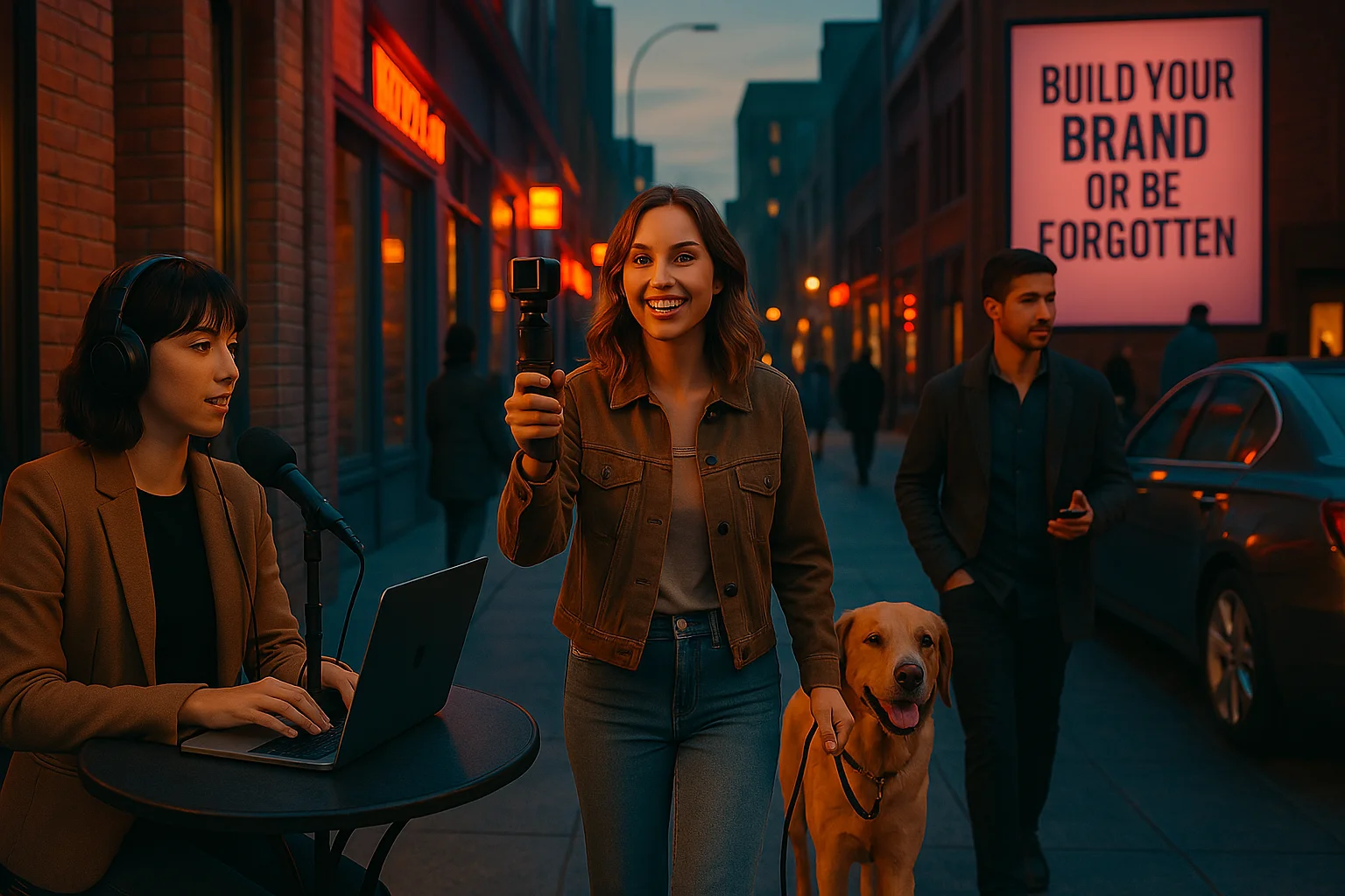 build-your-brand-urban-street-personal-branding-2025 Urban street scene at sunset featuring a young female podcaster at an outdoor café, a smiling dog walker vlogging with her golden retriever, and a businessman checking his phone—backdropped by a glowing billboard that reads ‘Build Your Brand or Be Forgotten.’