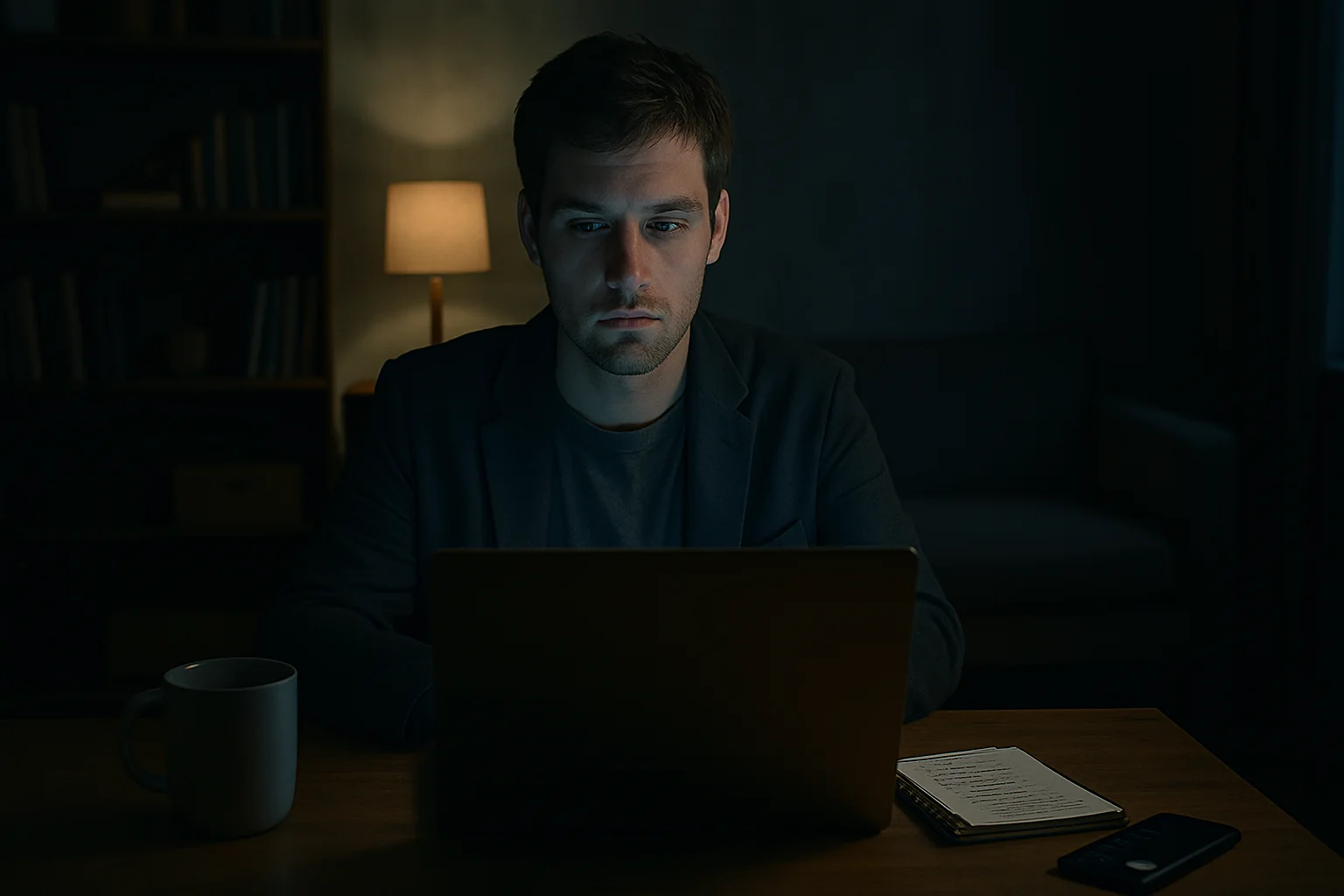 Remote worker sitting in a dimly lit home office late at night, showing signs of burnout and isolation from working long hours