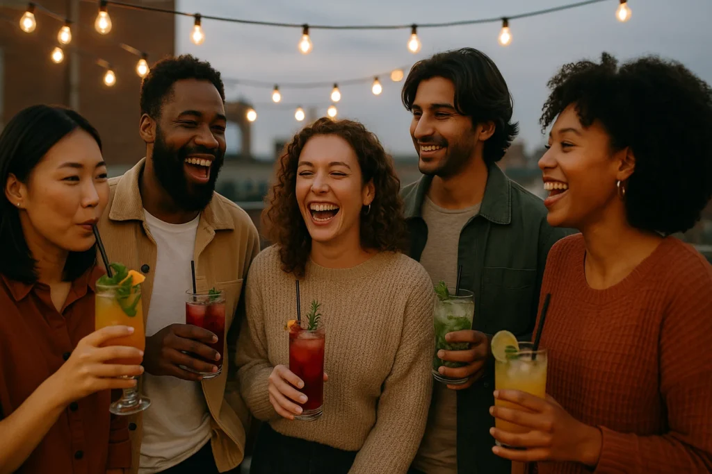 diverse-rooftop-mocktail-party-under-string-lights Americans drinking less in 2025 at a rooftop social event