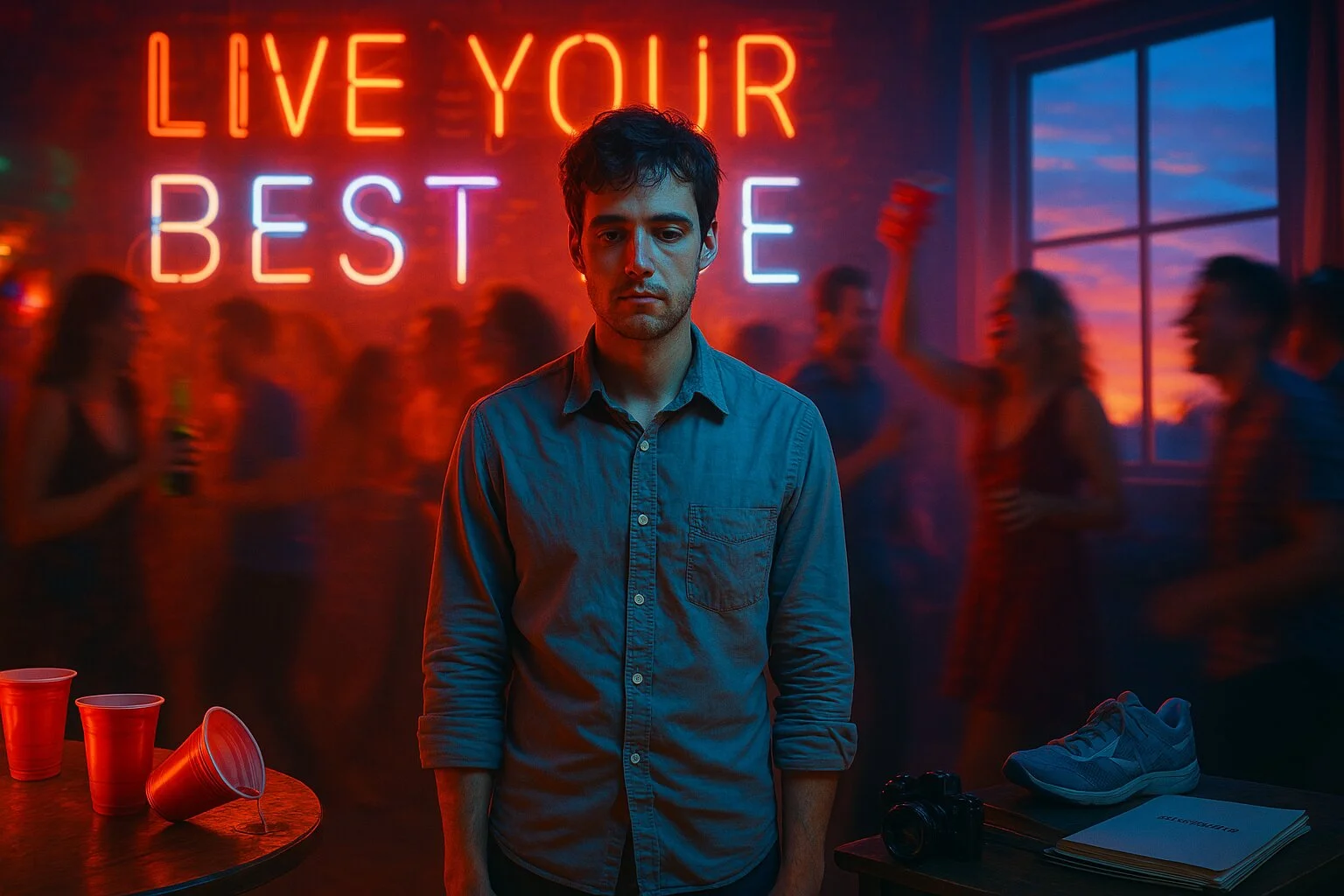 A young man stands alone at a party, looking emotionally drained and disconnected, while a neon sign behind him reads "Live Your Best Life." Surrounded by blurred partygoers, red solo cups, and signs of an unfulfilled lifestyle, the image captures the contrast between social expectations and internal struggle.