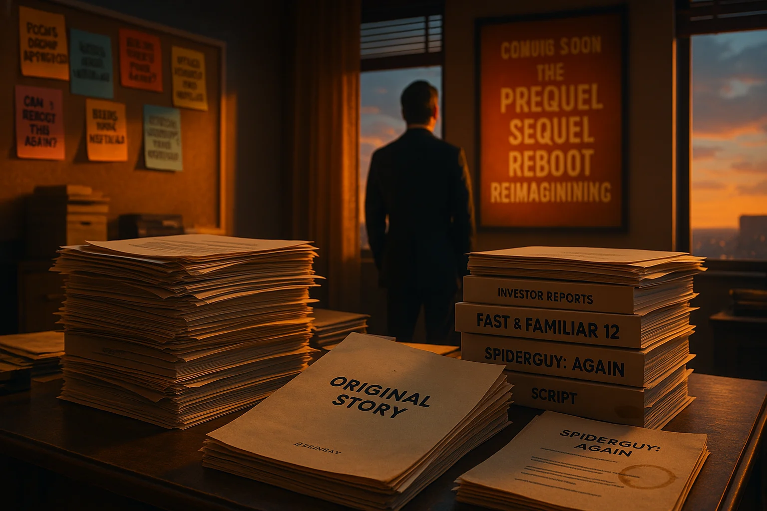 hollywood-original-scripts-vs-franchise-reboots-office-scene A cluttered Hollywood executive office at sunset, showing a dusty “Original Story” screenplay buried under stacks of franchise scripts like “Spideguy: Again” and “Fast & Familiar 12,” with a studio exec staring at a poster reading “The Prequel Sequel Reboot Reimagining.