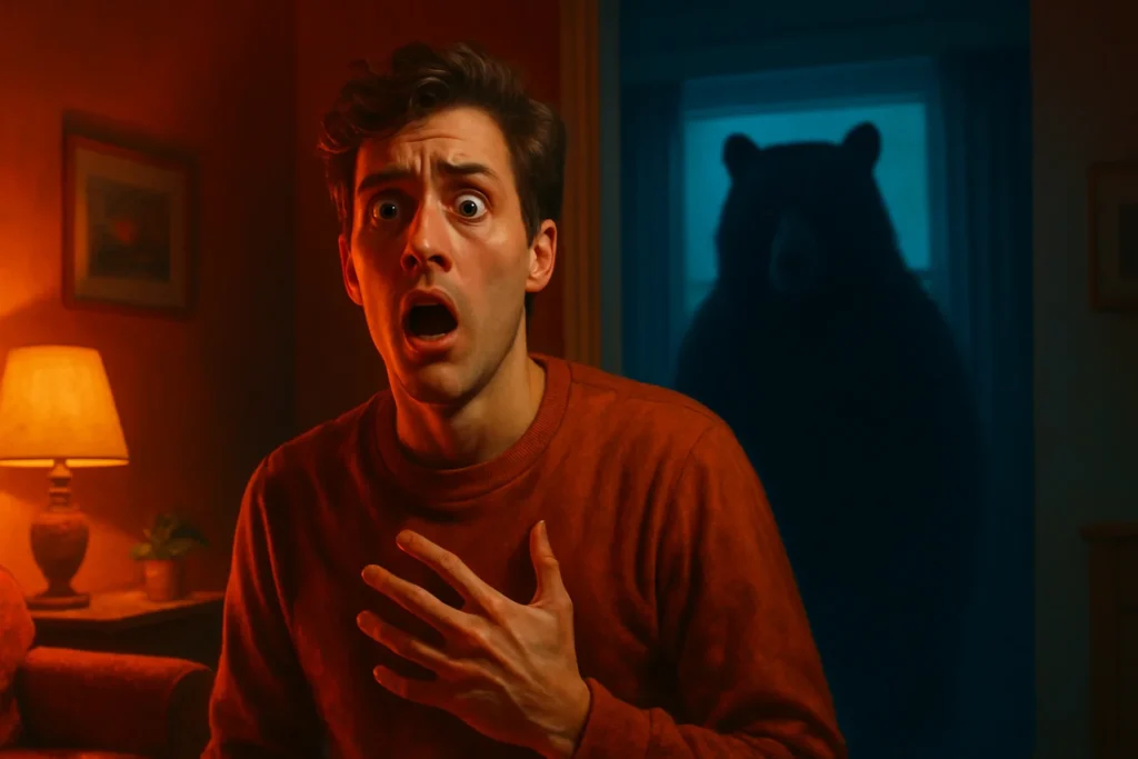 Man panicking as a bear appears in his living room, symbolizing emotional triggers