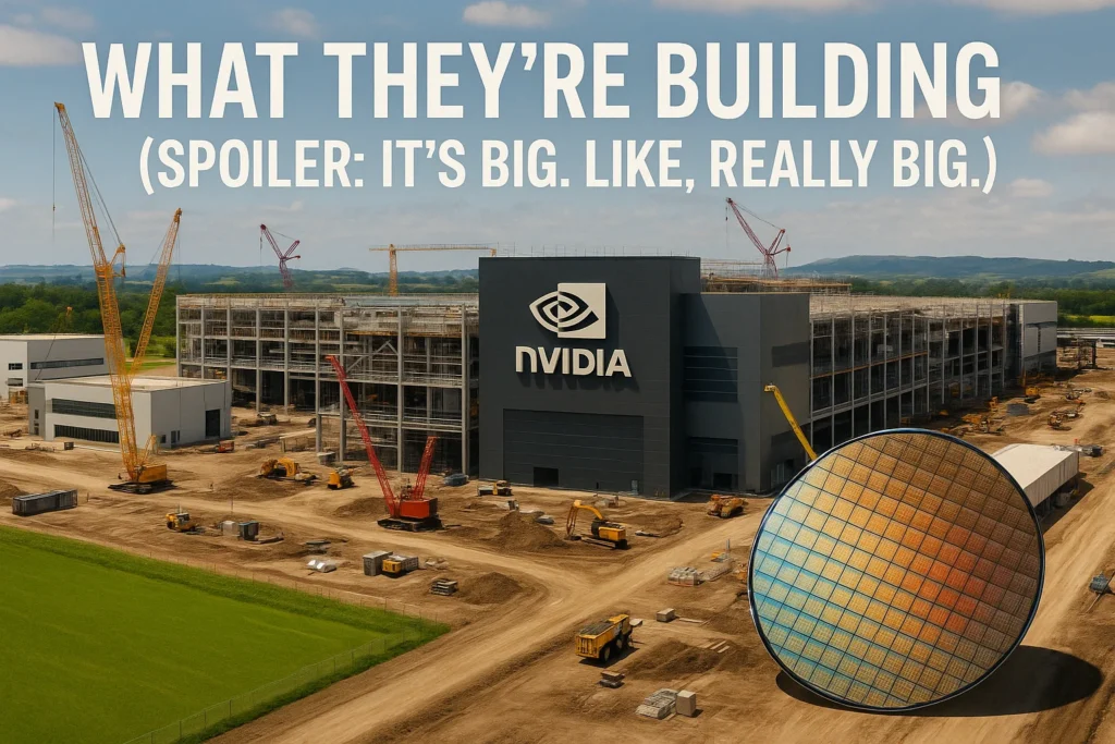 nvidia-ai-chip-plant-usa-semiconductor-manufacturing-hub Aerial view of NVIDIA’s large-scale AI chip factory under construction in the U.S., featuring cranes, high-tech buildings, and a glowing semiconductor wafer in the foreground