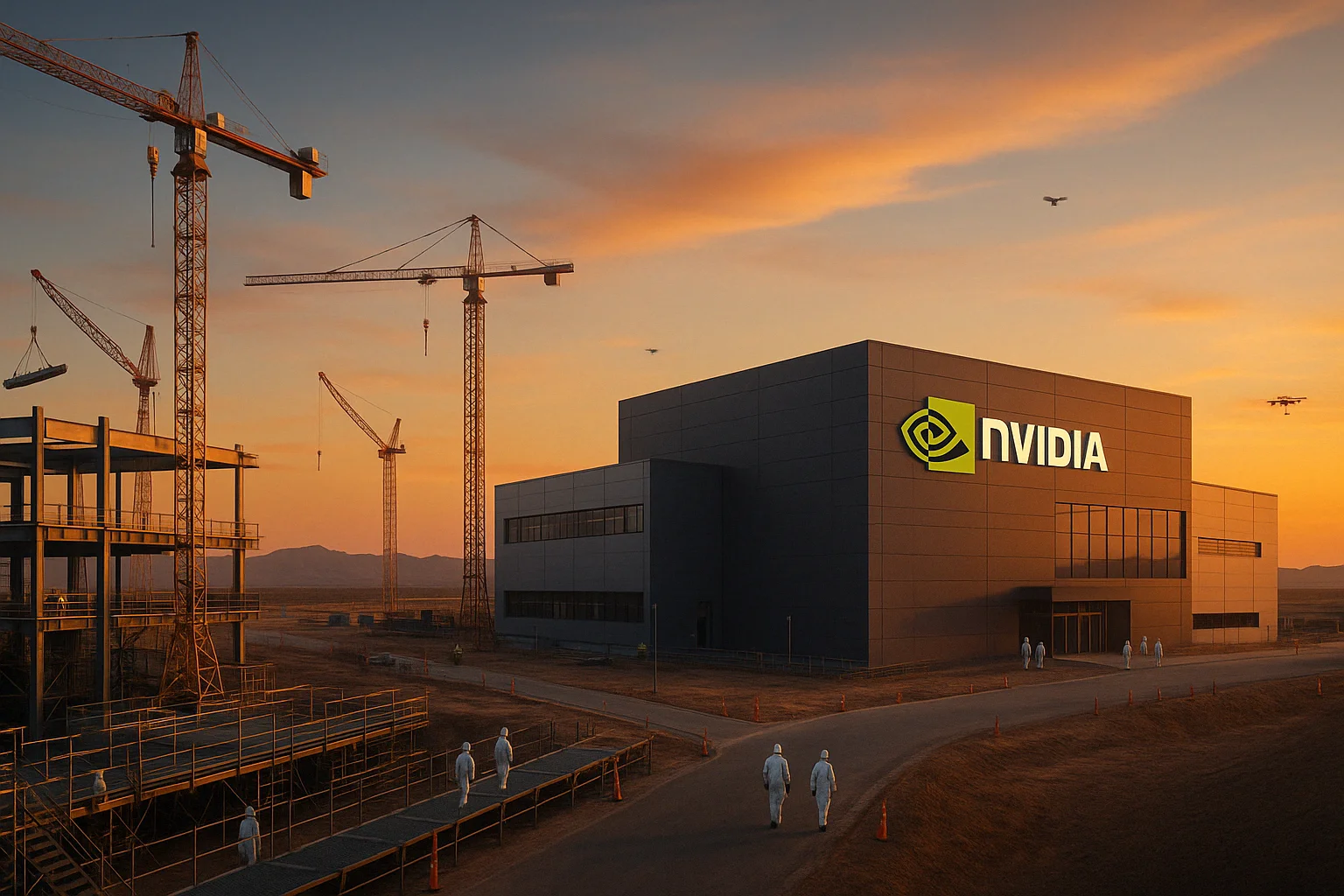 nvidia-ai-infrastructure-investment-texas-facility Nvidia AI infrastructure investment at semiconductor facility under construction in Texas during sunset, with cranes, cleanroom workers, and high-tech buildings
