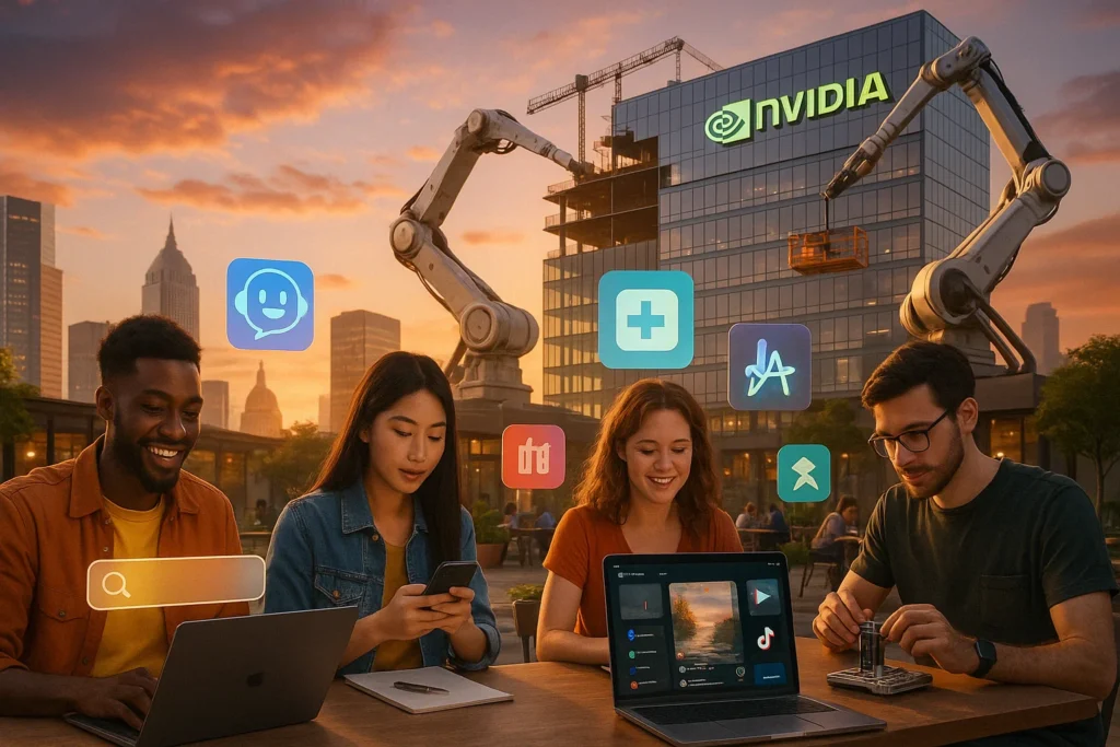 nvidia-ai-innovation-tech-startups-usa-2025 Young diverse entrepreneurs using AI tools in a futuristic U.S. tech hub with Nvidia headquarters and robotic arms in the background, symbolizing the rise of innovation, smart devices, and AI-powered startups in America