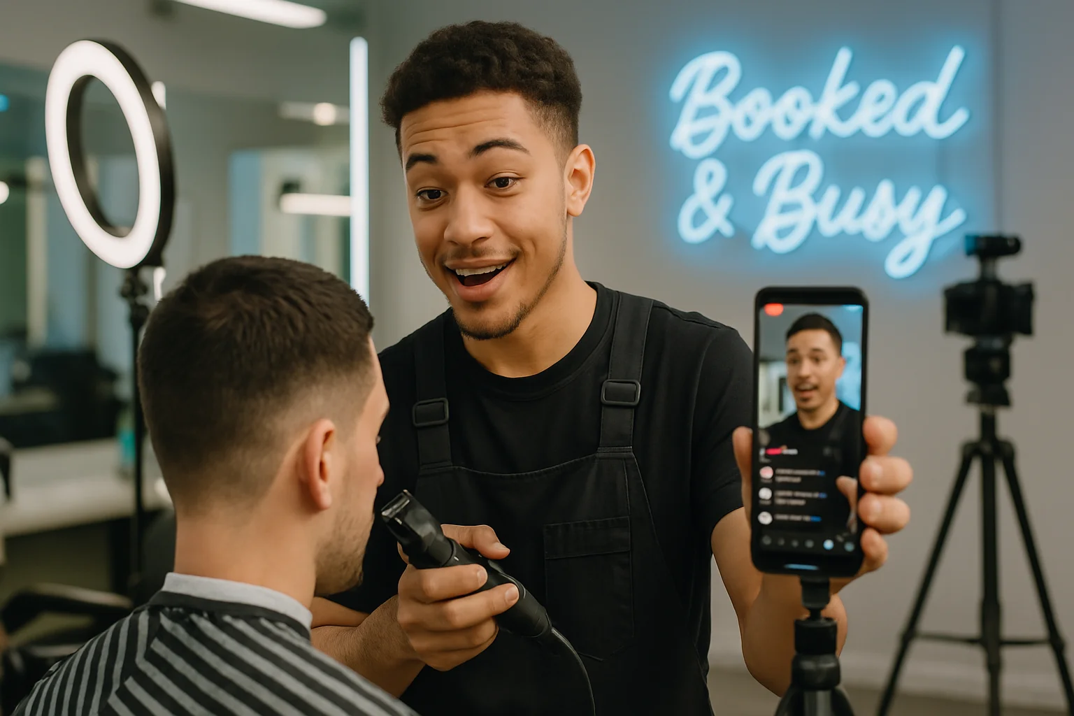 personal-branding-creator-economy-2025 Modern barber livestreaming content while building a personal brand in 2025