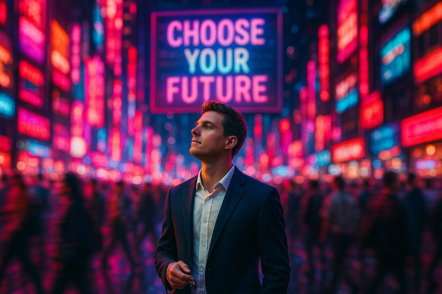 Confident young man in a suit stands in a neon-lit city street filled with motion-blurred crowds, gazing upward toward a glowing billboard that reads "Choose Your Future." The vibrant, futuristic backdrop symbolizes personal growth, decision-making, and ambition in a fast-paced, digital world