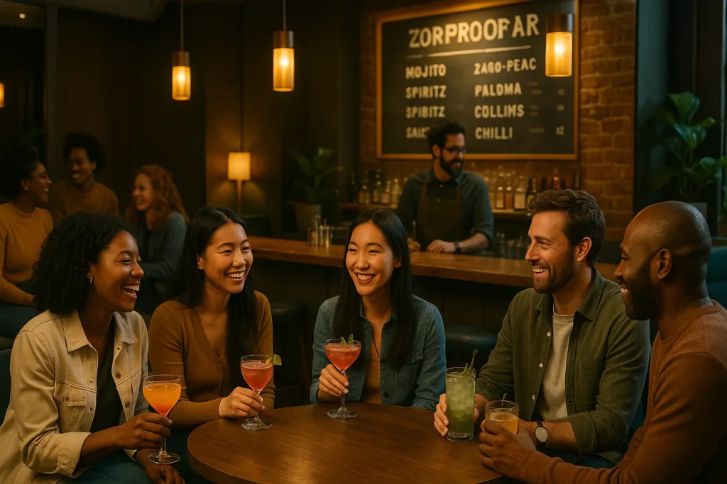 sober-bar-social-scene-zero-proof-cocktails-nightlife Diverse group socializing in a cozy sober bar with zero-proof cocktails and warm lighting