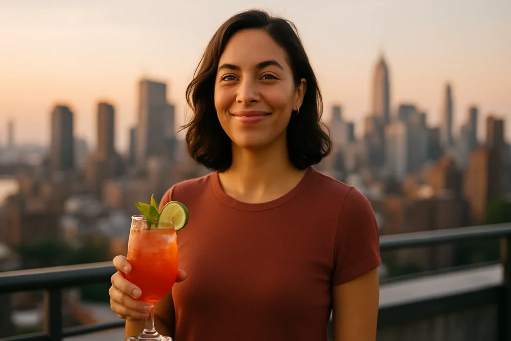 sober-lifestyle-confidence-mocktail-rooftop-2025-trend Confident sober person enjoying a mocktail on a rooftop at sunset with city skyline view