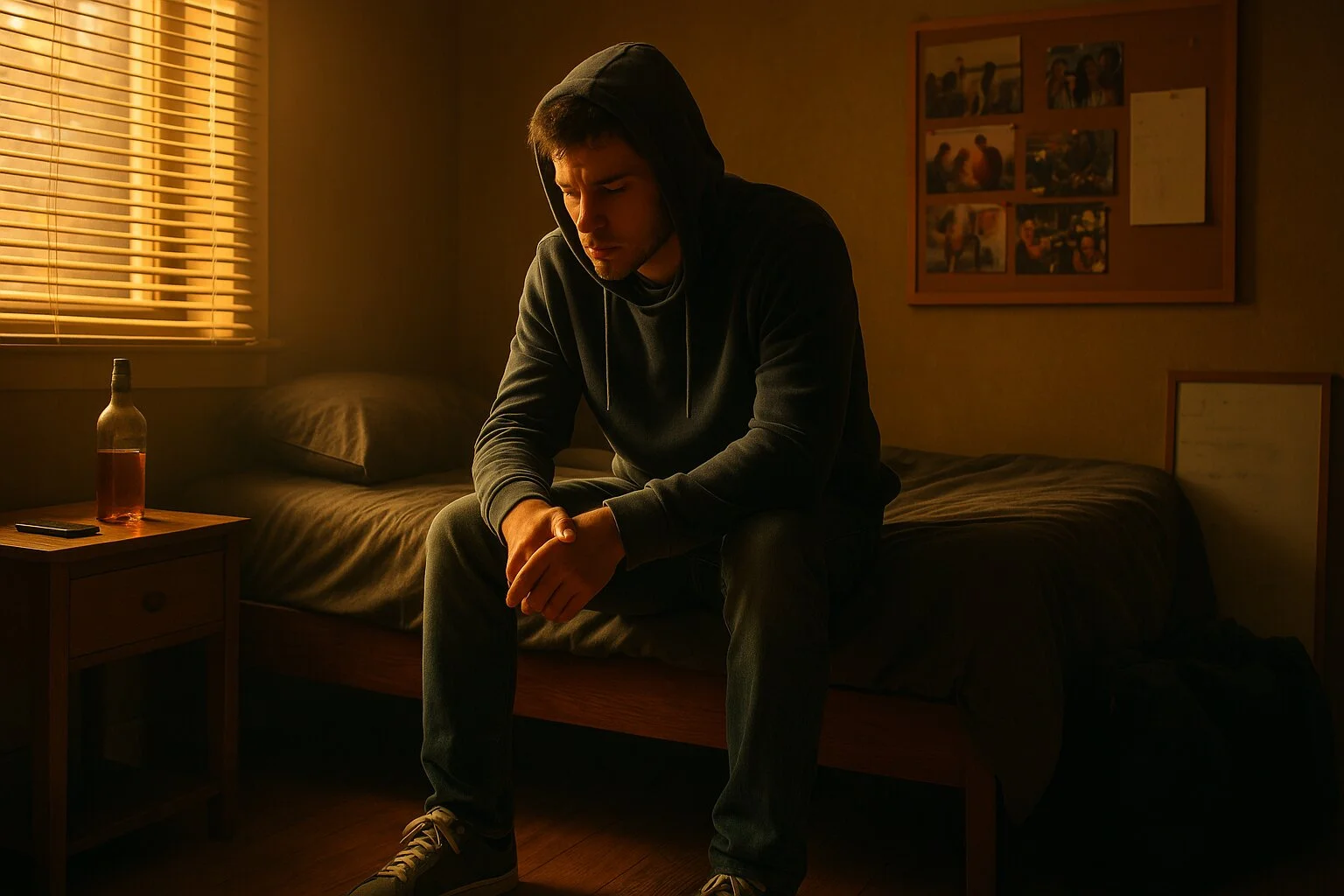 Young man reflecting on his drinking habits, sitting on bed in the morning after a night out