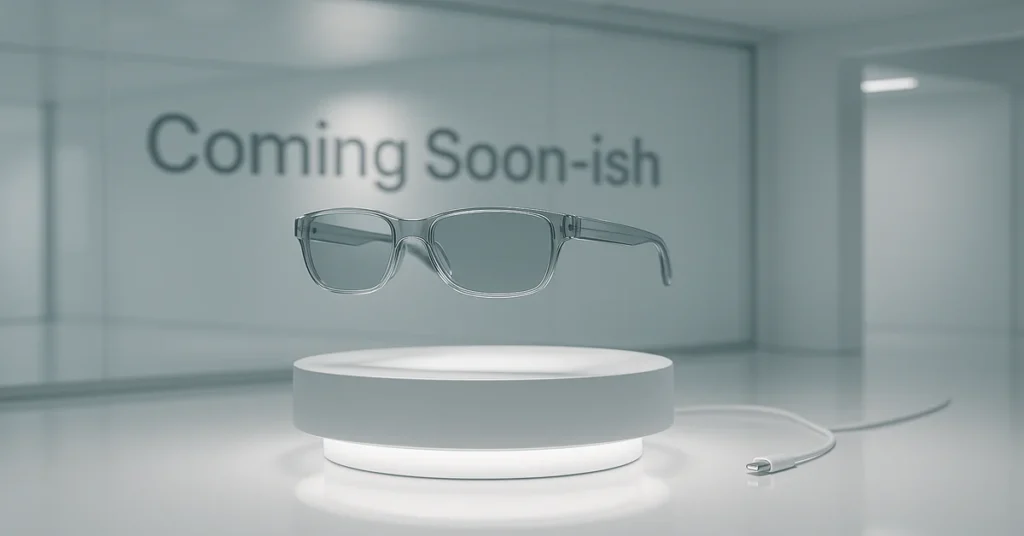 Futuristic translucent smart glasses floating above a glowing pedestal in a sleek white showroom with “Coming Soon-ish” text in the background.