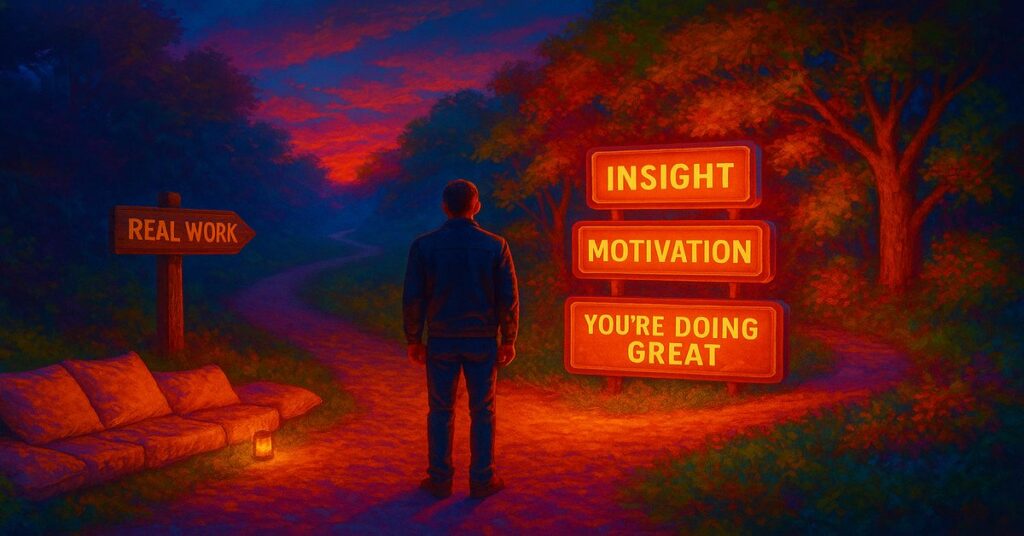 comfort-vs-real-work-psychology-fork-in-road A person stands at a fork in the road—one path glowing with signs like “Insight” and “Motivation,” the other dark and labeled “Real Work.” Symbolizes the psychological tension between comfort and true emotional growth.
