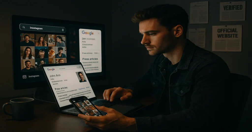 Actor comparing Instagram feed to Google search results with Knowledge Panel and website—“why Google matters more than Instagram” concept