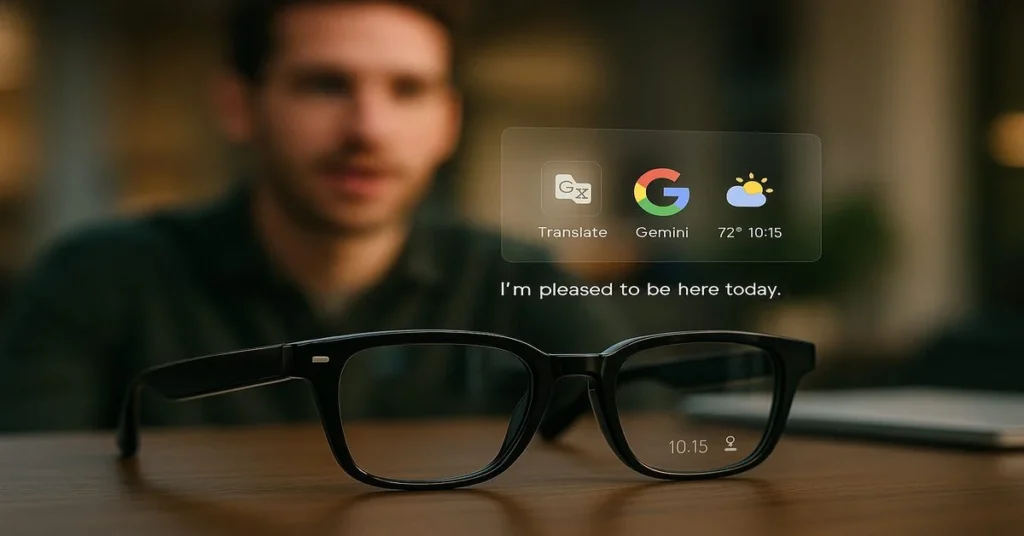 Google Android XR smart glasses on a table with floating AR interface showing translation, Gemini AI, and weather updates; a man in the background speaks during a real-time conversation.