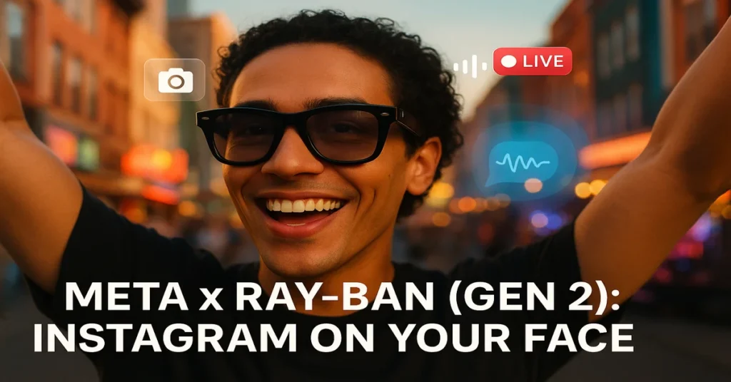 Person wearing Meta x Ray-Ban Gen 2 smart glasses livestreaming on Instagram in a vibrant city during golden hour, with digital overlays representing camera, audio, and AI features.