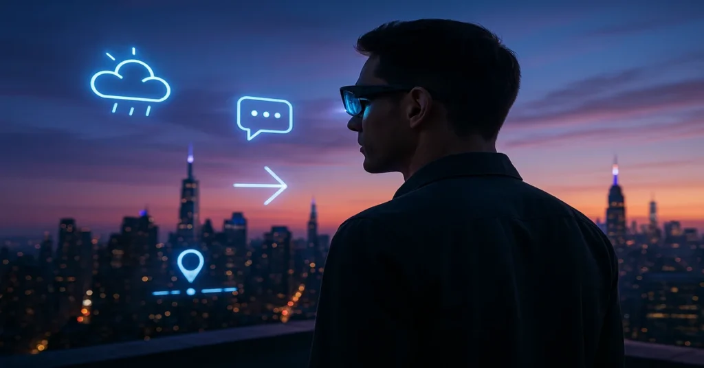 Person wearing futuristic smart glasses overlooking a city with holographic AR projections, symbolizing the future of wearable tech in 2025.