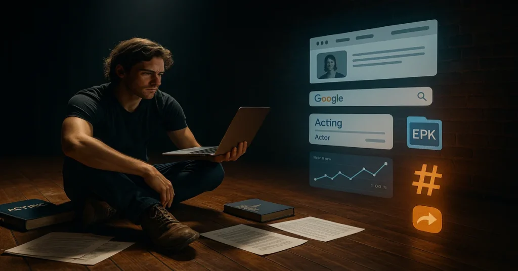 Actor on stage surrounded by acting materials, looking toward digital icons representing branding, EPKs, SEO, and visibility — “what acting school doesn’t teach” concept