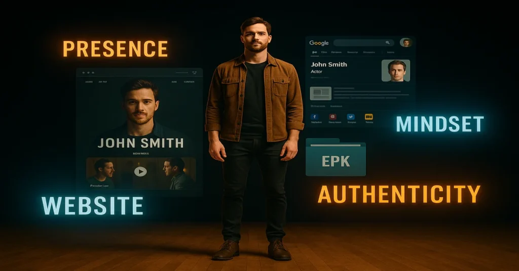 Actor stands confidently on stage with projected visuals of a demo reel, personal website, EPK, and digital branding terms like “Brand,” “Presence,” and “Authenticity”—capturing what actually gets actors cast in 2025.
