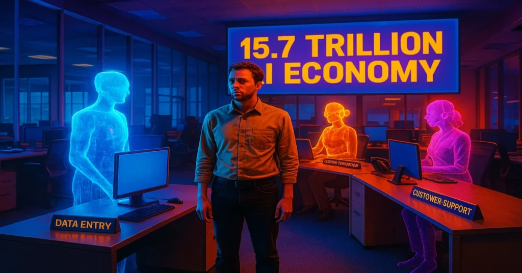 Futuristic office with holographic AI workers replacing humans in data entry, customer service, and content moderation roles; man stands alone under glowing “15.7 Trillion AI Economy” billboard