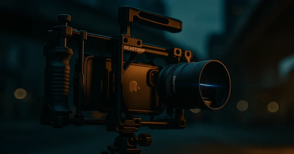 beastgrip-cinematic-iphone-rig-urban-flare Professional Beastgrip iPhone rig with anamorphic lens flare and dramatic lighting in an urban setting at dusk