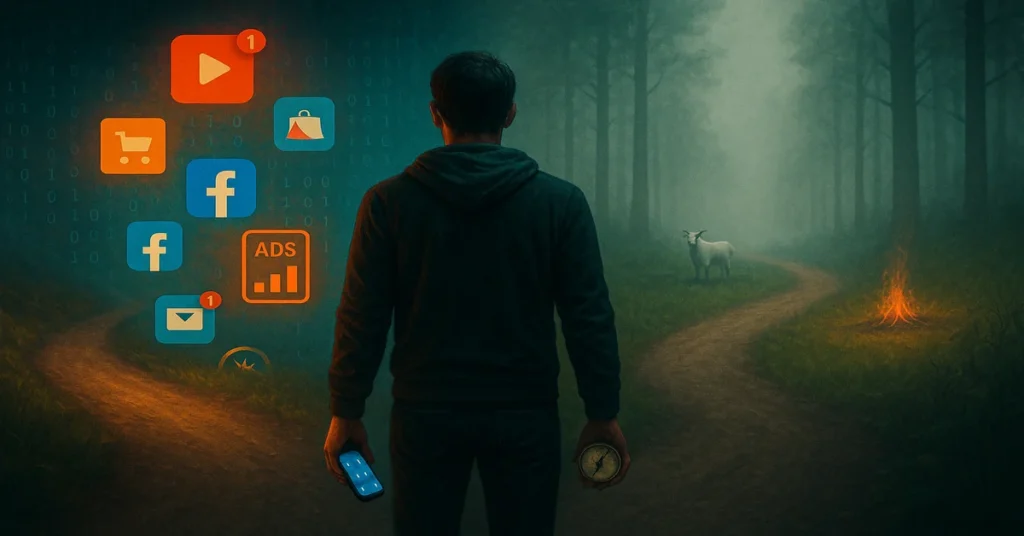digital-detox-crossroads-smartphone-vs-nature Digital painting of a person at a crossroads, choosing between a tech-filled path and a peaceful forest trail with a goat and campfire