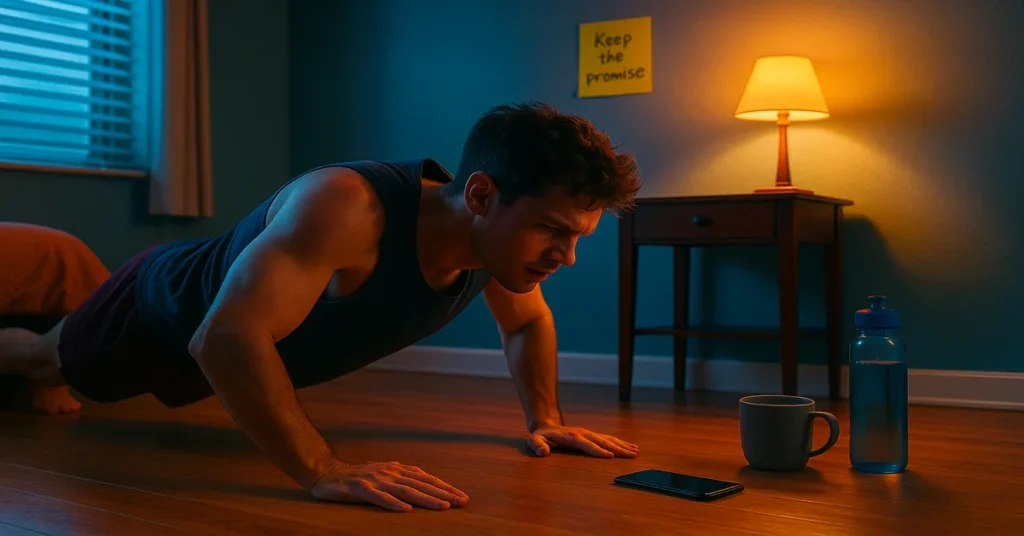 A young man doing early morning push-ups alone in a dimly lit bedroom, with a sticky note on the wall that reads “Keep the promise,” symbolizing discipline and consistency.