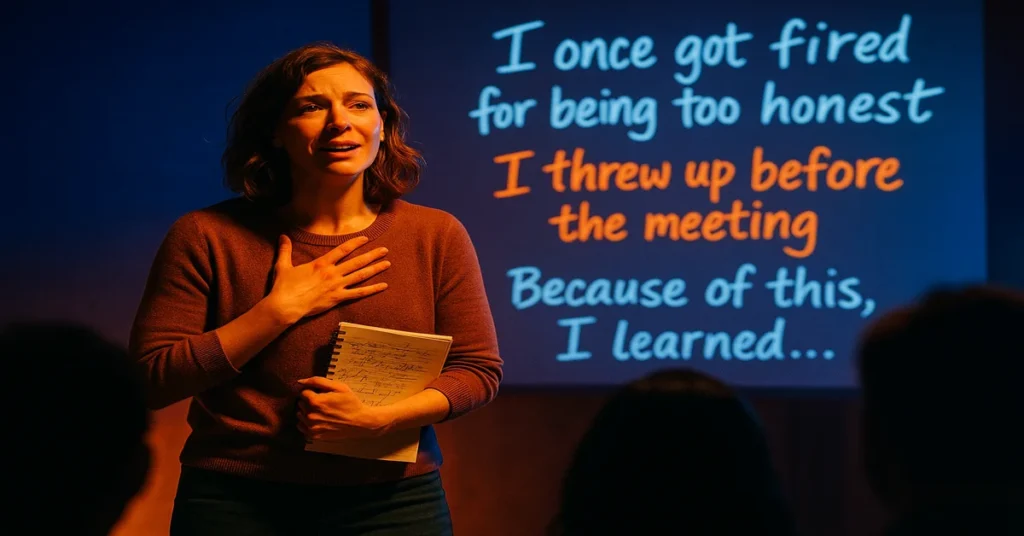 Woman delivering emotional storytelling talk on stage with phrases like “I once got fired for being too honest” projected behind her, connecting with audience through personal vulnerability