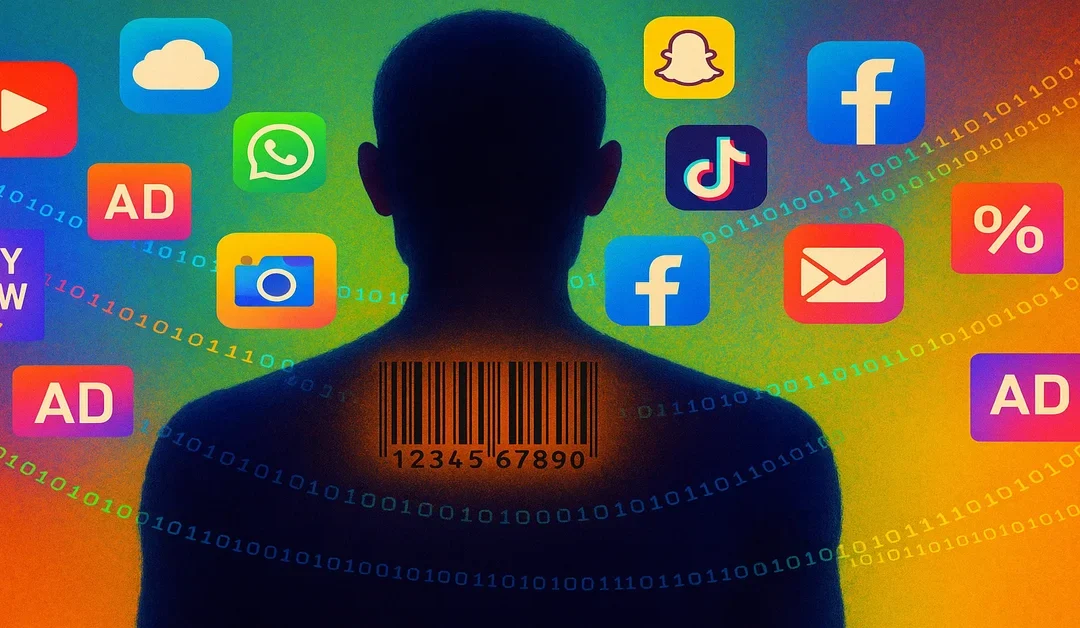 Colorful digital artwork of a human silhouette surrounded by app icons, barcode tattoo, and binary code chains