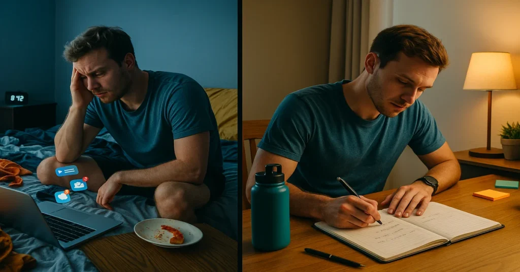A split-screen image of the same young man in two contrasting scenes—on the left, he looks overwhelmed in a messy room with social media notifications; on the right, he’s calm and focused at a clean desk, writing in a planner, symbolizing a mindset shift from distraction to discipline.