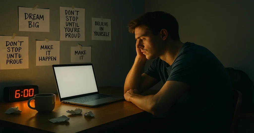 motivation is a lie — man at 6am struggling to work without motivation