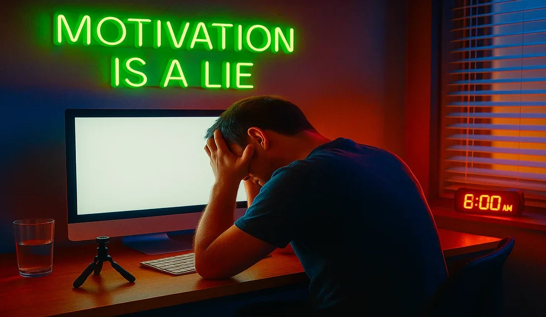Person sitting in front of a blank computer screen at 6:00 AM, looking frustrated, with the quote “Motivation Is a Lie”