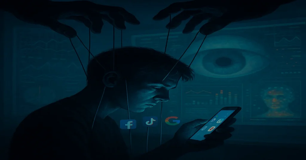 social-media-puppet-surveillance-dopamine-loop Digital art of a person controlled by puppet strings while using a smartphone, surrounded by app icons and surveillance data
