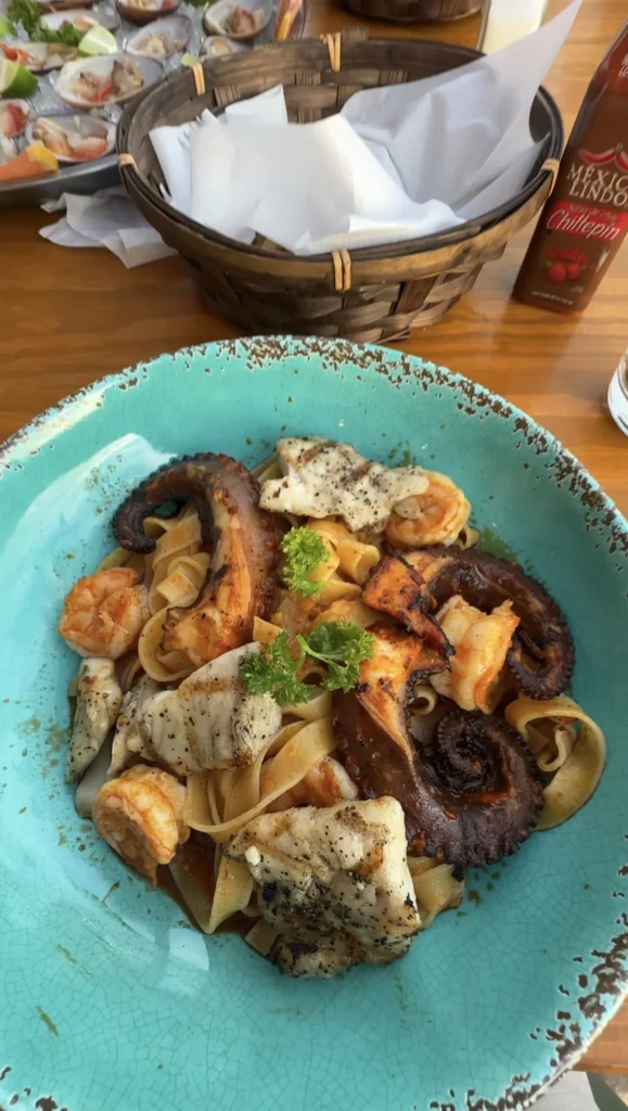 seafood fettuccine with grilled octopus, shrimp, and white fish at The Soggy Peso in Sonora