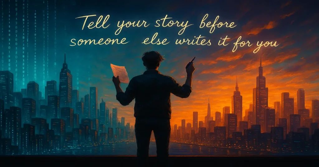 Person standing between a digital AI-lit city and a warm sunset skyline, holding a pen and paper as glowing script above reads “Tell your story before someone else writes it for you”